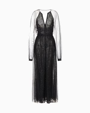 Giorgio Armani Silk And Tulle Long Dress With All-Over Rhinestones - Black