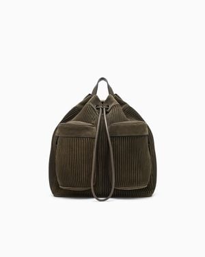 Giorgio Armani Pleated Suede Leather Backpack With Pockets And Drawstring - Brown