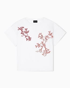 Giorgio Armani Silk And Cotton Interlock T-Shirt With Coral Embroidery - White