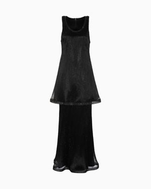 Giorgio Armani Long Pleated Tulle Dress With Crystal Embroidery And A Frill - Black