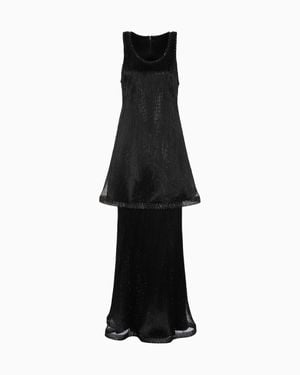 Giorgio Armani Long Pleated Tulle Dress With Crystal Embroidery And A Frill - Black