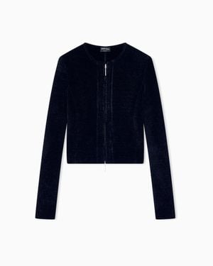 Giorgio Armani Slim Fit Blazer Jackets Chenille Crew Neck Metal Zip - Blue