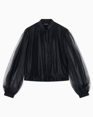 Giorgio Armani Satin Shirt With Silk Organza Sleeves And Front Rhinestones - Black