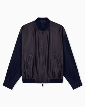 Giorgio Armani Blouson Jacket Oversized Fit Leather With Silk Lining - Blue