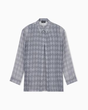 Giorgio Armani Shirt Twin-Set Regular Fit Silk Chiffon Diamond Pattern - Blue