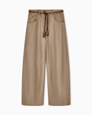 Giorgio Armani Cupro And Linen Pants With Belt Denim Collection - Natural