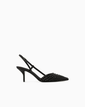 Giorgio Armani Satin, Mesh And Rhinestone Slingbacks - White