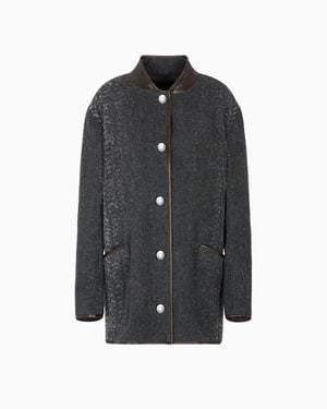 Giorgio Armani Chevron Bouclé Wool And Leather Pea Coat - Black