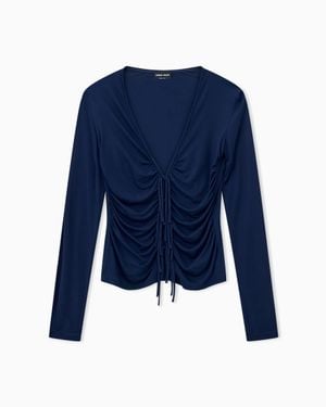 Giorgio Armani Slim-Fit Viscose Jersey Top With V-Neck And Drawstring - Blue