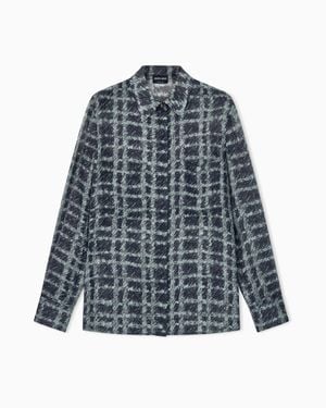 Giorgio Armani Shirt Regular Fit Check Silk Chiffon With Patch Pockets - Blue