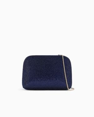 Giorgio Armani Satin And Silk Clutch With Rhinestones And Chain Shoulder Strap - Blue