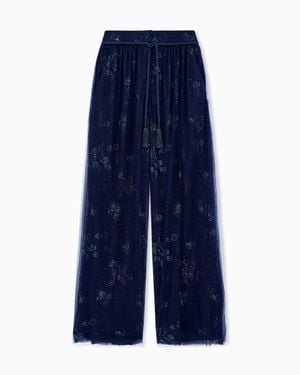 Giorgio Armani Wide-Leg Tulle Pants With Rhinestones - Blue