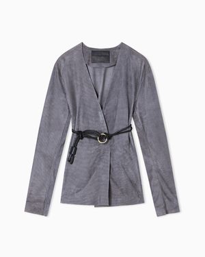 Giorgio Armani Suede-Lambskin Shirt Jacket With Chevron Print - Gray