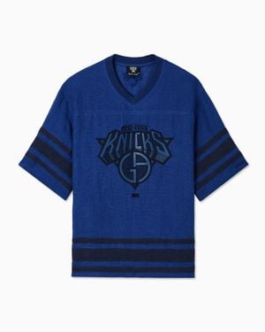 Giorgio Armani Linen T-Shirt With Striped Edges And Kith For Knicks Logo - Blue