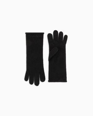 Giorgio Armani Cashmere Knit Gloves With Embroidered Logo - Black