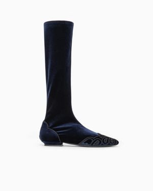 Giorgio Armani Tall Velvet Boots With Embroidered Toe Detail - Blue