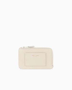 Giorgio Armani Half Zip-Around Granulated Leather Wallet With Logo Pocket - White