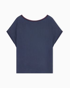 Giorgio Armani Blouse Regular Fit Heavy Washed Silk Ribbed Crew Neck - Blue