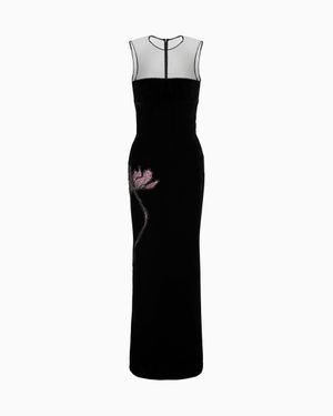 Giorgio Armani Long Velvet Dress With Floral Embroidery - Black