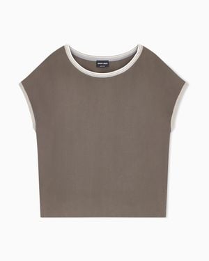 Giorgio Armani Blouse Regular Fit Heavy Washed Silk Ribbed Crew Neck - Brown