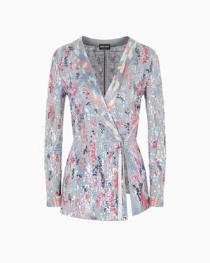 Giorgio Armani Long Tulle Jacket With All-Over Embroidery - Blue