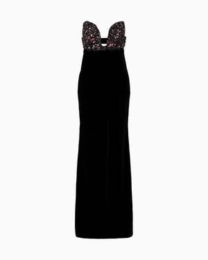 Giorgio Armani Long Velvet Bustier Dress With Embroidery - Black