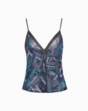 Giorgio Armani Embroidered Silk Organza V-Neck Top - Blue