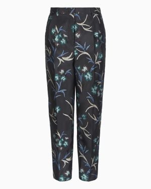 Giorgio Armani Straight Pants With Floral Jacquard Motif - Gray