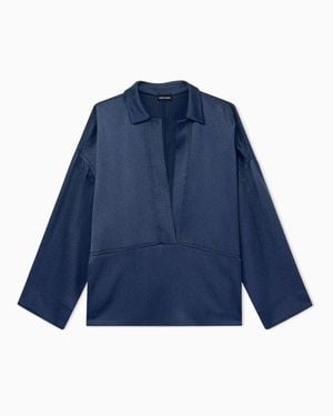 Giorgio Armani Shirt Wide Hammered Satin With Deep Neckline - Blue