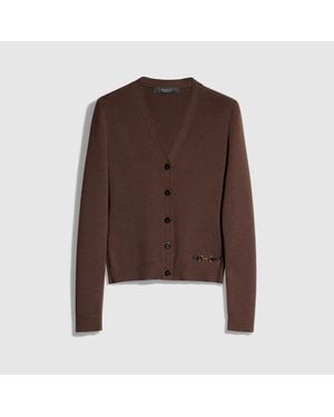Gucci Fine Rib Knit Wool Cardigan With Horsebit - Brown