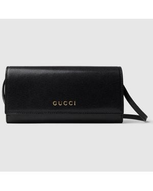 Gucci Wallet With Strap And Lettering, Leather - Black