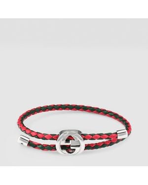Gucci Pulsera De Cuero Trenzado Con Tribanda Web - Rojo
