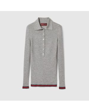 Gucci Cashmere And Silk Polo Top With Web - Grey