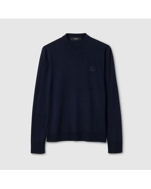 Gucci Pull En Maille De Laine Avec Broderie, Taille - Bleu