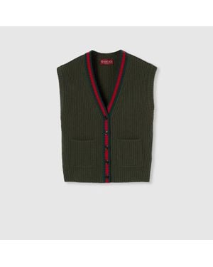 Gucci Rib Felted Wool Cardigan Vest With Web - Green