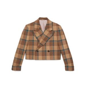 Gucci Macro Check Wool Cropped Coat - Brown