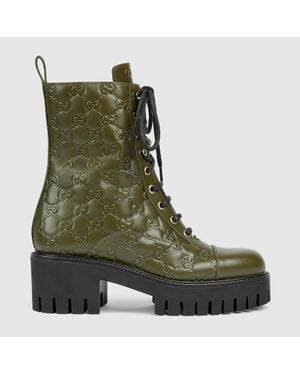 Gucci Lace-Up Ankle Boot With Gg, Size 35 It - Green