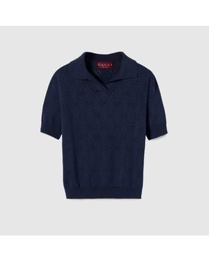Gucci Gg Pointelle Cotton Silk Polo Shirt - Blue