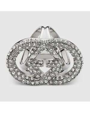 Gucci Crystal Interlocking G Carré Ring - Metallic