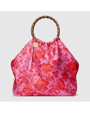 Gucci Silk Maxi Tote Bag With Bamboo Handle - Red