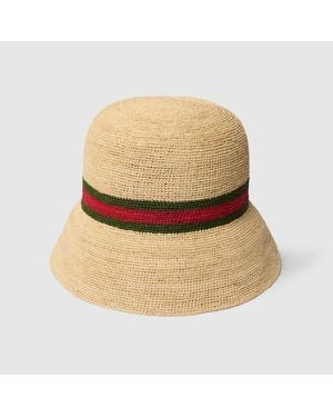Gucci Woven Fabric Hat With Web, Size S, Straw - Natural