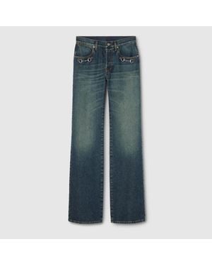 Gucci Cotton Denim Trousers With Horsebit - Blue
