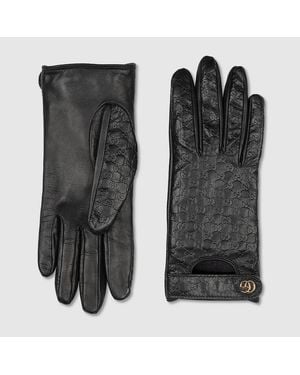 Gucci Gg Leather Gloves With Double G - Black