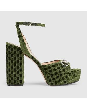 Gucci Platform Sandal With Horsebit, Velvet - Green