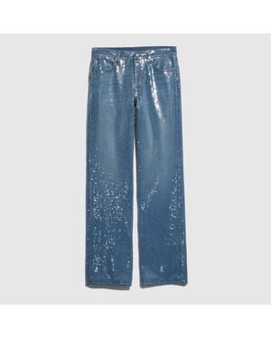 Gucci Cotton Denim Trousers With Sequins Embroidery - Blue