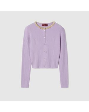 Gucci Rib Felted Wool Cardigan With Embroidery - Purple