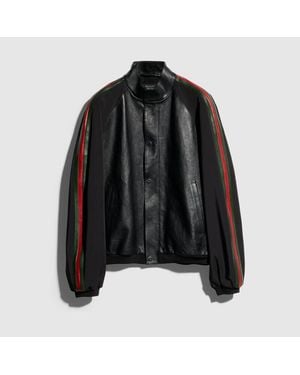 Gucci Leather Bomber Jacket With Web, Size 48 It, Ready-To-Wear - Black