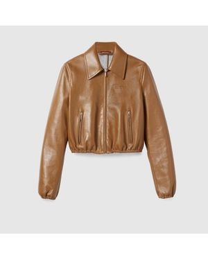 Gucci Leather Jacket With Logo, Ready-To-Wear - Brown