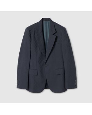 Gucci Single-Breasted Gg Wool Jacket - Blue