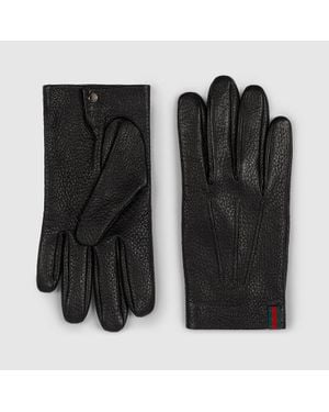 Gucci Handschuhe Aus Genarbtem Leder Mit Web, Größe - Schwarz